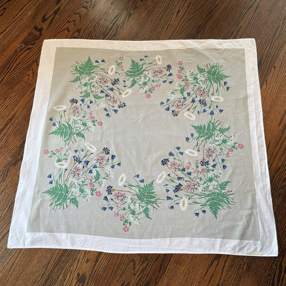 Vintage Norah Handpainted White Linen Floral Motif Sweden Cottage Core 35 X 33.5